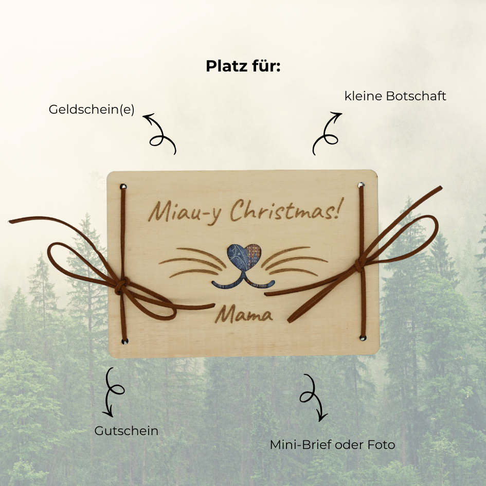 Personalisiertes Geldgeschenk zu Weihnachten – Holzkarte „Miau- y Christmas"