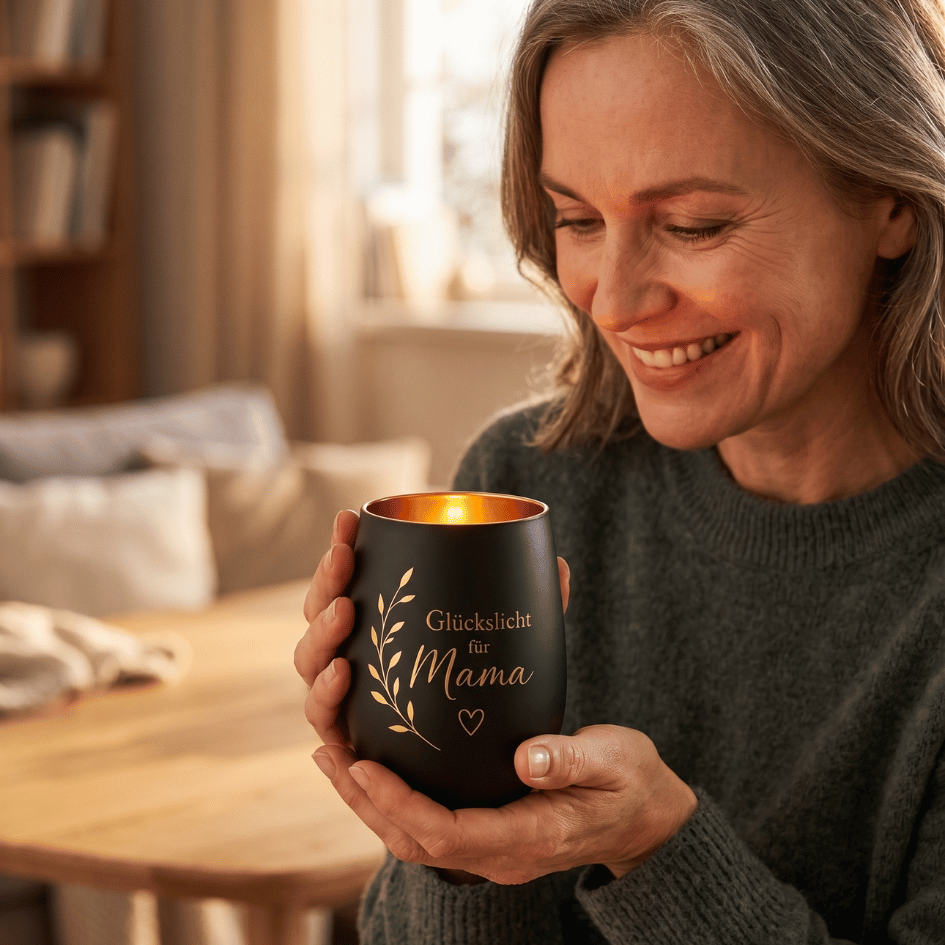 Personalisiertes Windlicht zum Muttertag – ein Glückslicht für Mama - Schwarz & Gold