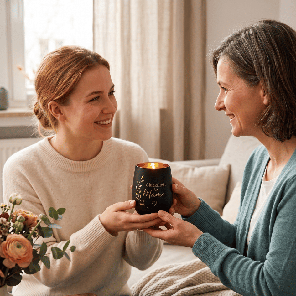 Personalisiertes Windlicht zum Muttertag – ein Glückslicht für Mama - Schwarz & Gold