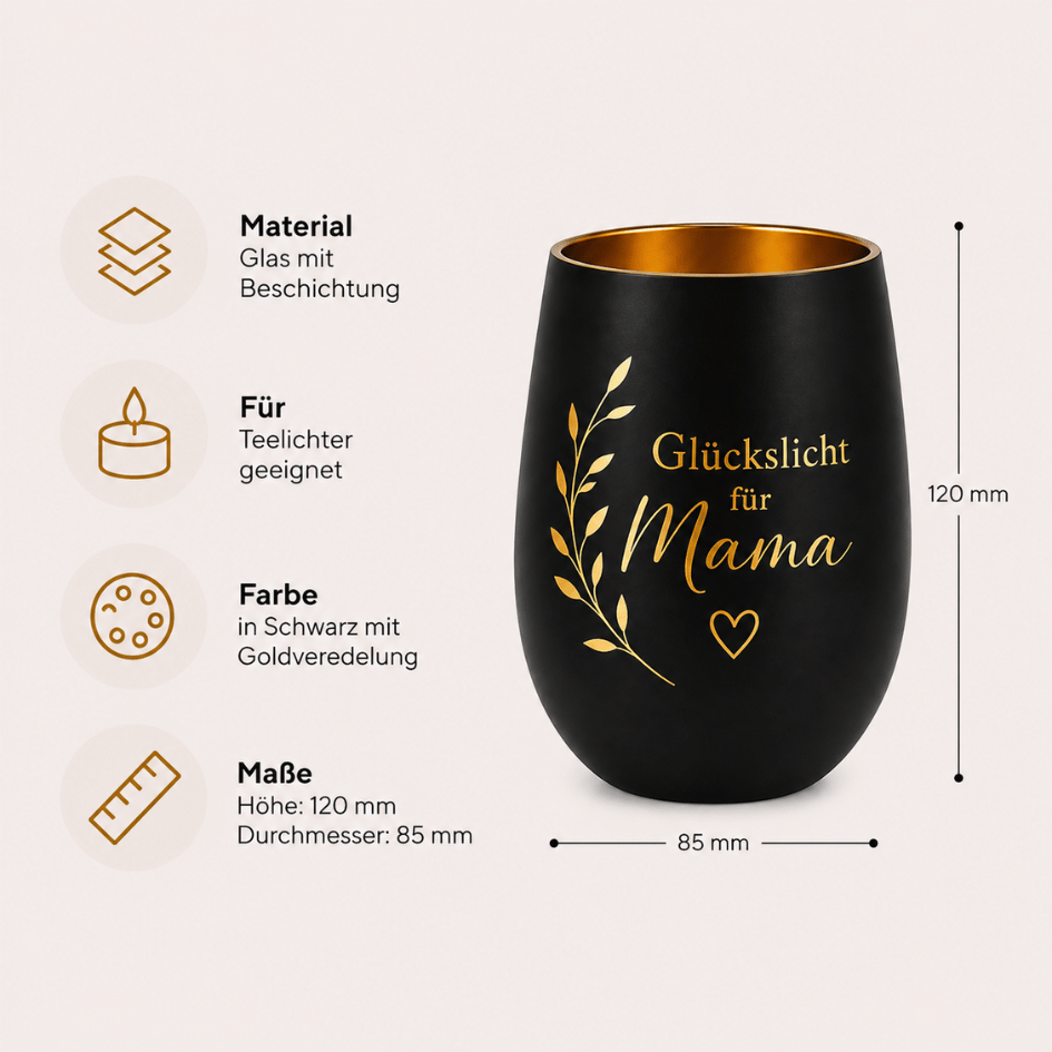 Personalisiertes Windlicht zum Muttertag – ein Glückslicht für Mama - Schwarz & Gold