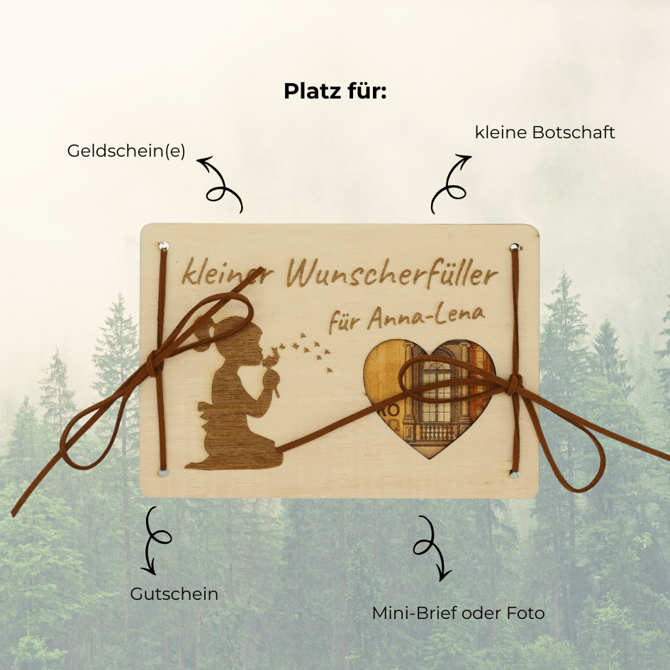 Personalisiertes Geldgeschenk – Holzkarte Kleiner Wunscherfüller mit Herz