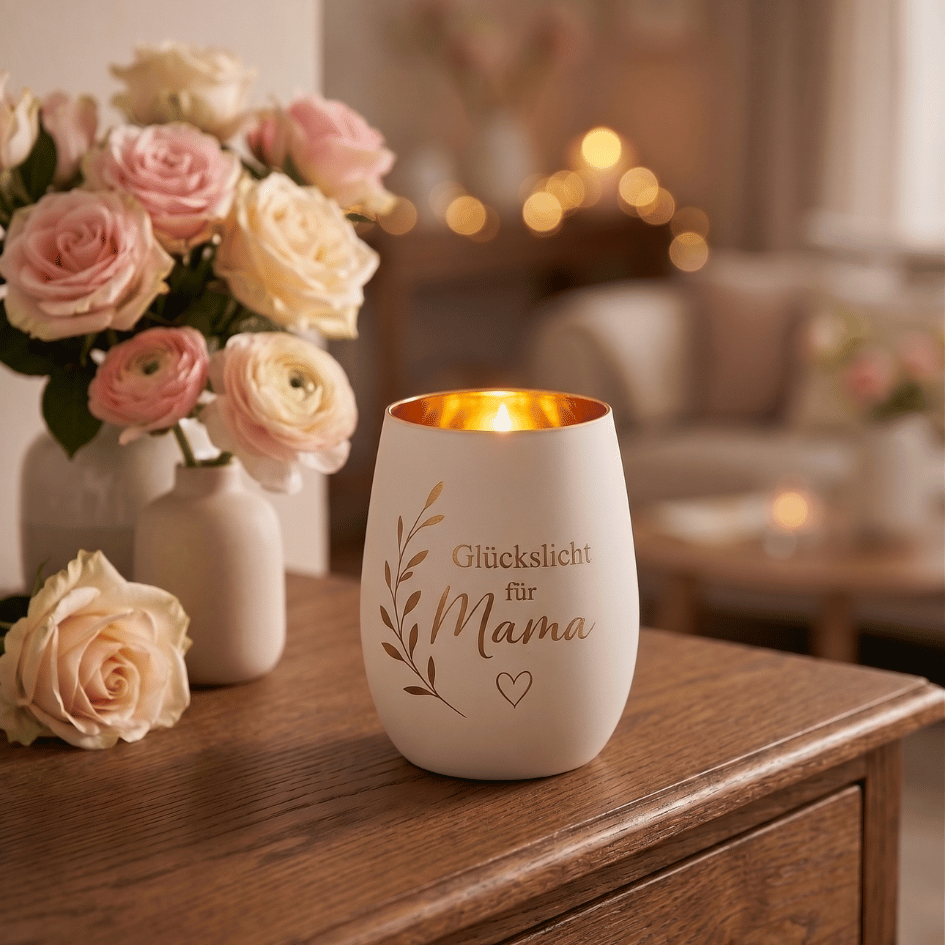 Personalisiertes Windlicht zum Muttertag – Glückslicht für Mama in Weiß & Gold