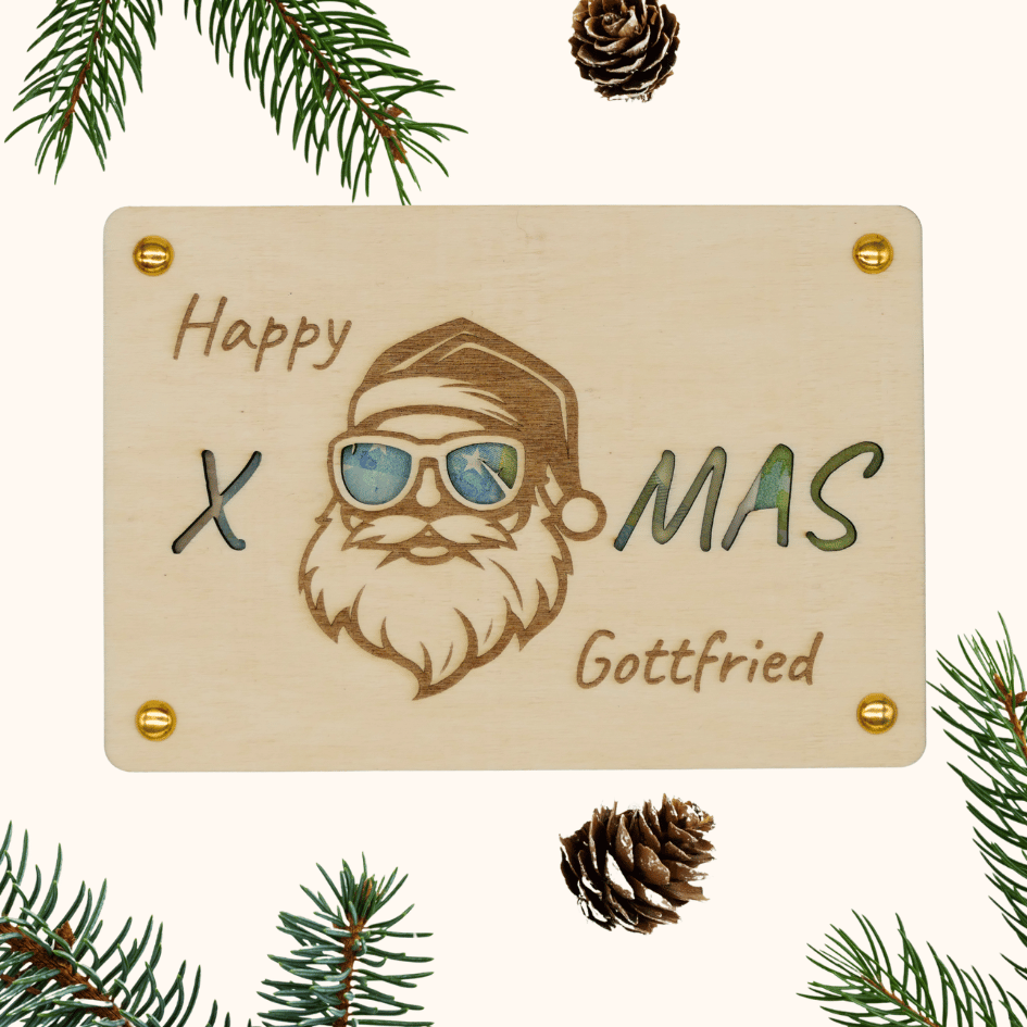 Personalisiertes Geldgeschenk zu Weihnachten – Holzkarte „Happy X-Mas“
