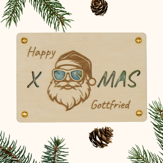 Personalisiertes Geldgeschenk zu Weihnachten – Holzkarte „Happy X-Mas“