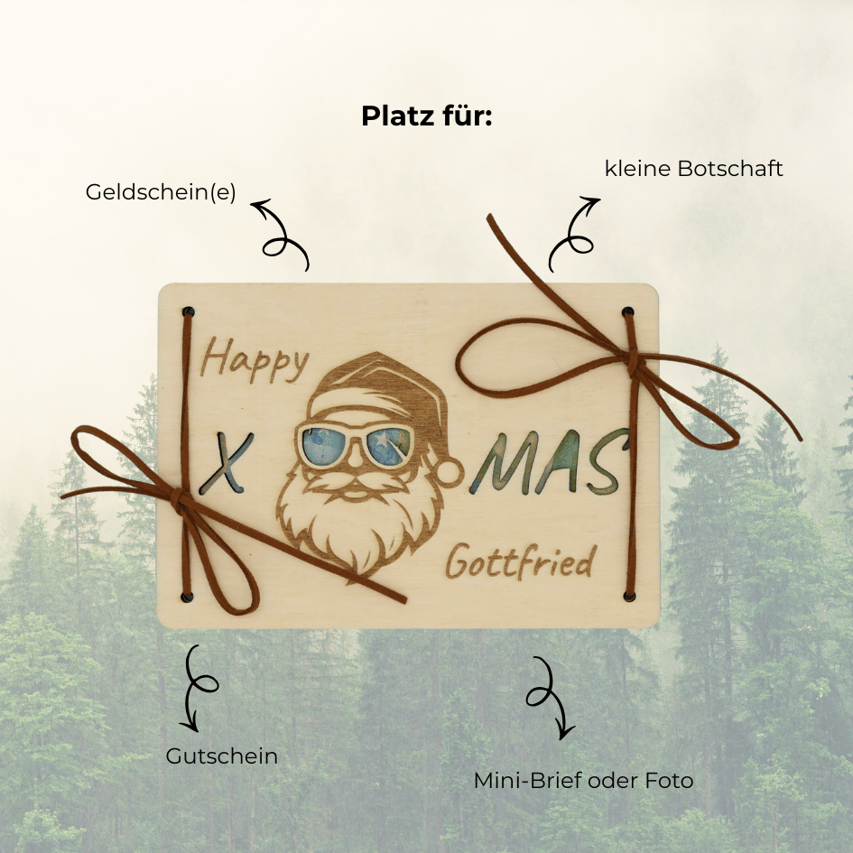 Personalisiertes Geldgeschenk zu Weihnachten – Holzkarte „Happy X-Mas“