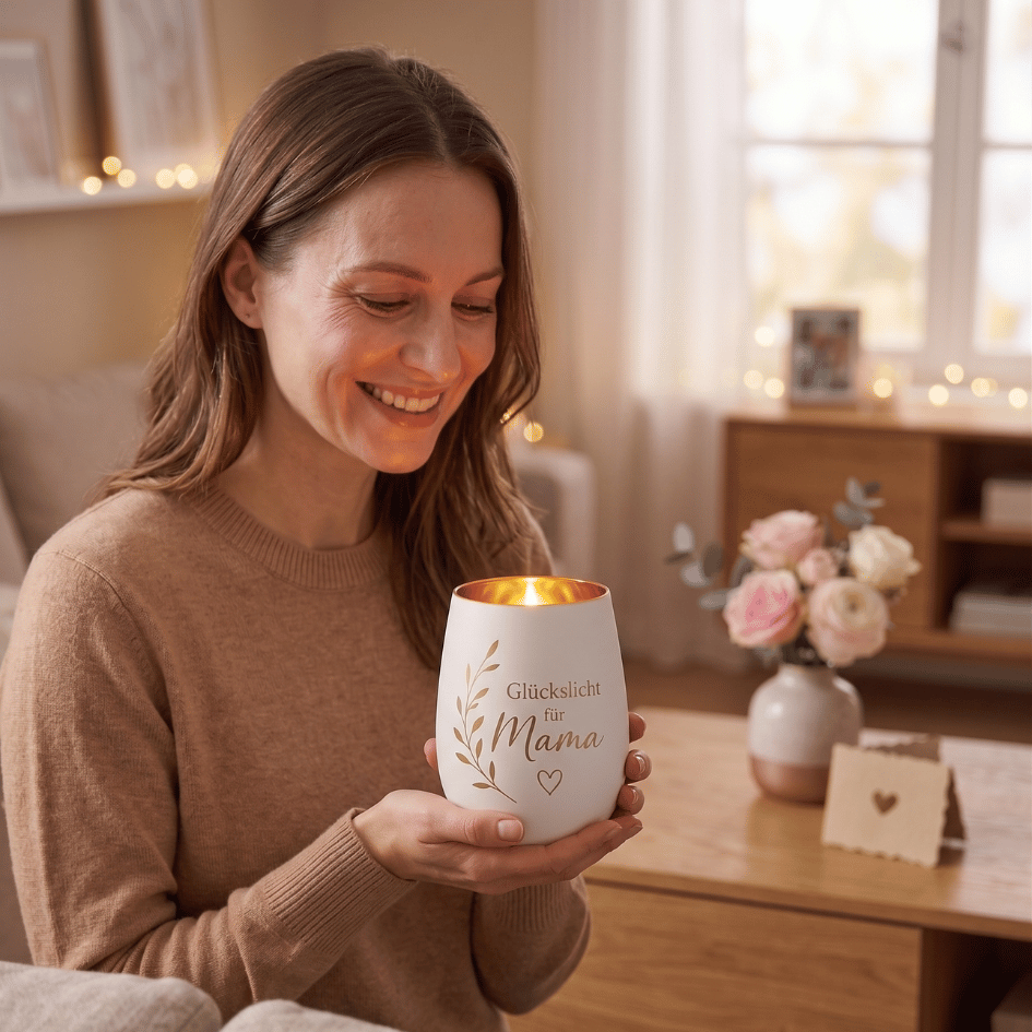 Personalisiertes Windlicht zum Muttertag – Glückslicht für Mama in Weiß & Gold