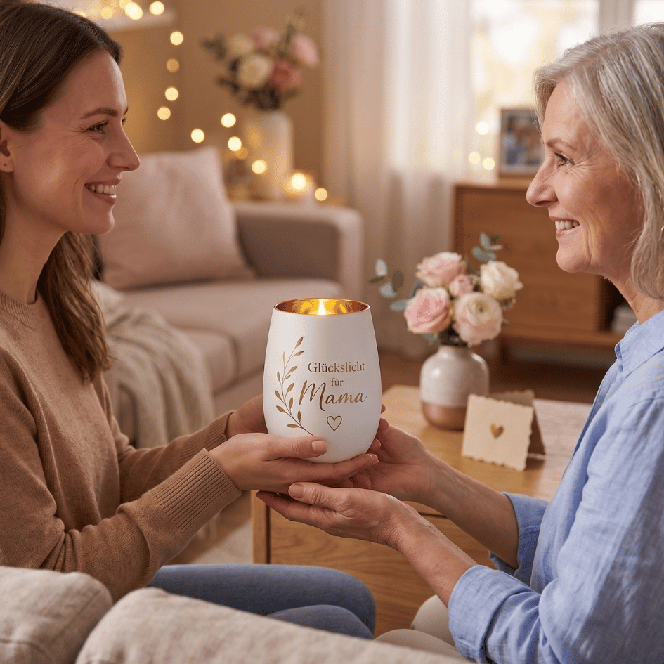 Personalisiertes Windlicht zum Muttertag – Glückslicht für Mama in Weiß & Gold