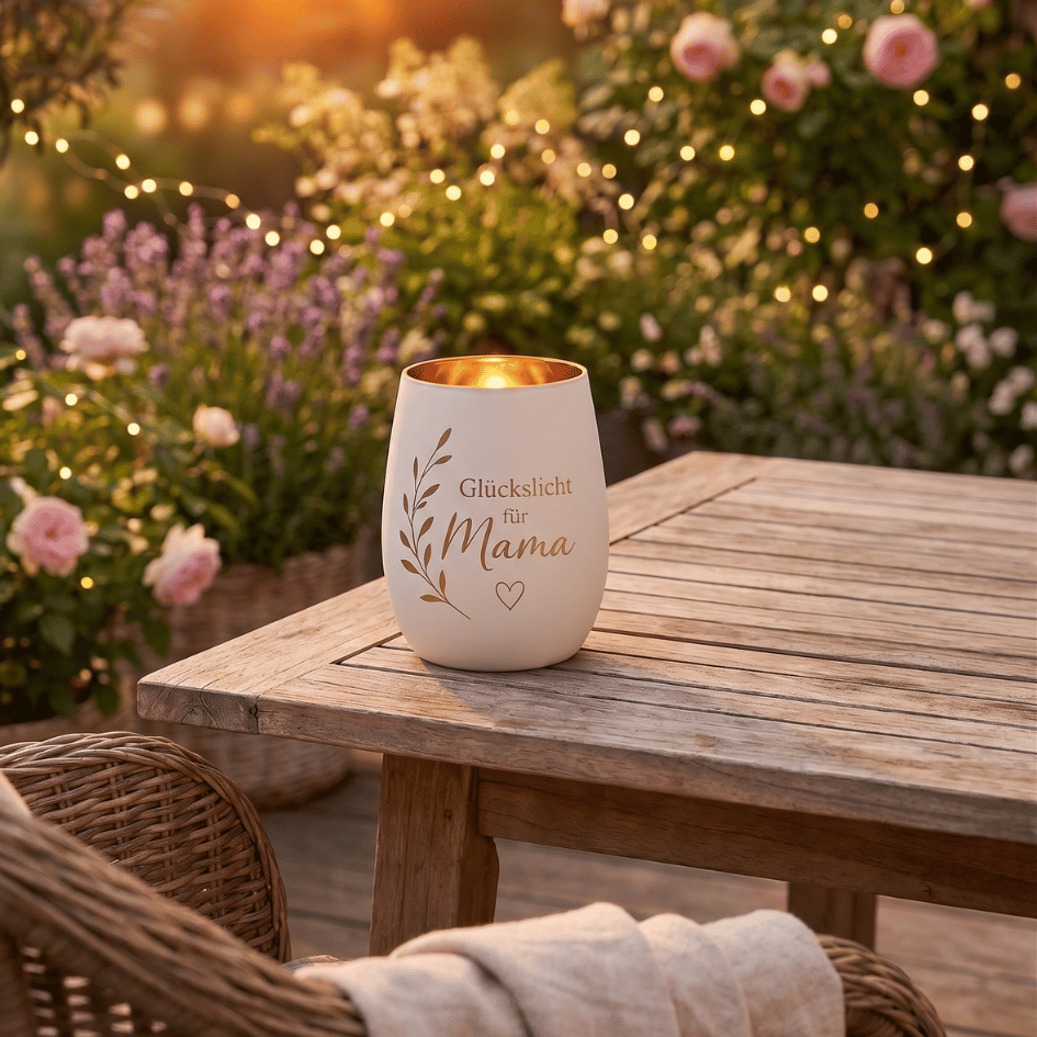 Personalisiertes Windlicht zum Muttertag – Glückslicht für Mama in Weiß & Gold
