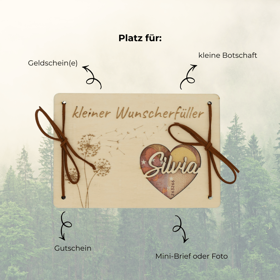 Personalisiertes Geldgeschenk – Holzkarte Kleiner Wunscherfüller mit Herz & Name