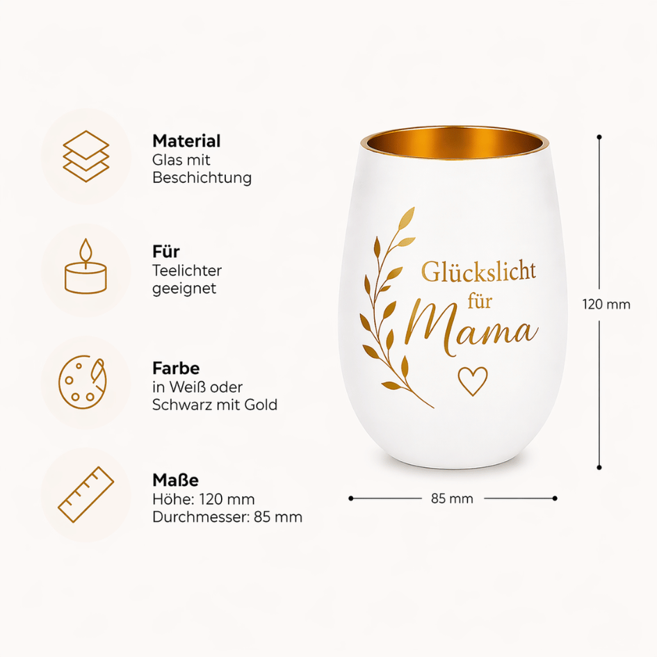 Personalisiertes Windlicht zum Muttertag – Glückslicht für Mama in Weiß & Gold