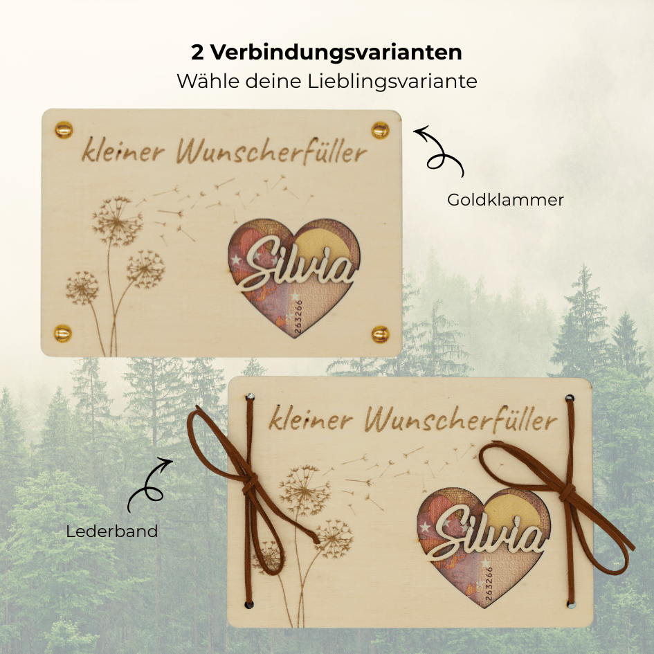 Personalisiertes Geldgeschenk – Holzkarte Kleiner Wunscherfüller mit Herz & Name