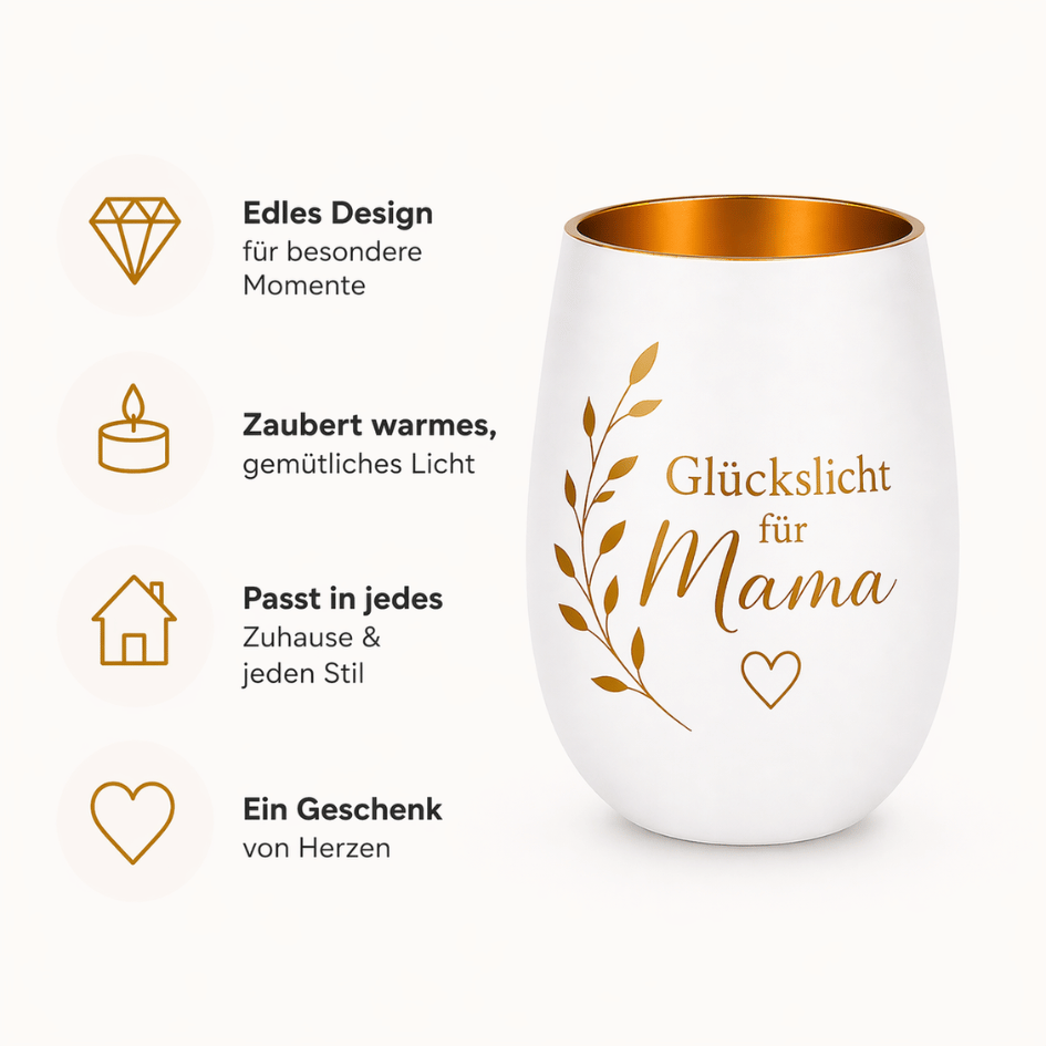 Personalisiertes Windlicht zum Muttertag – Glückslicht für Mama in Weiß & Gold