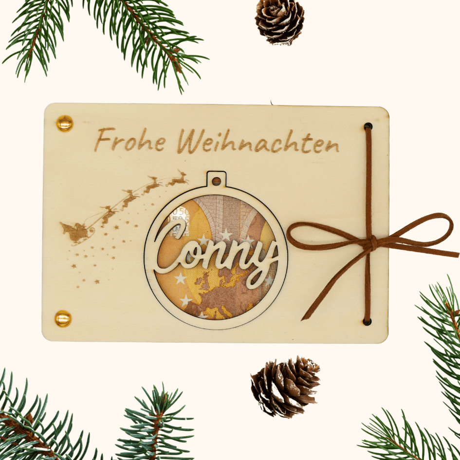 Personalisiertes Geldgeschenk zu Weihnachten – Holzkarte mit Weihnachtskugel