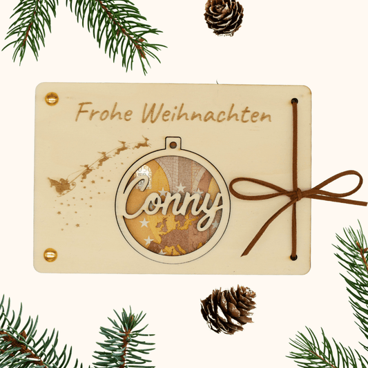 Personalisiertes Geldgeschenk zu Weihnachten – Holzkarte mit Weihnachtskugel