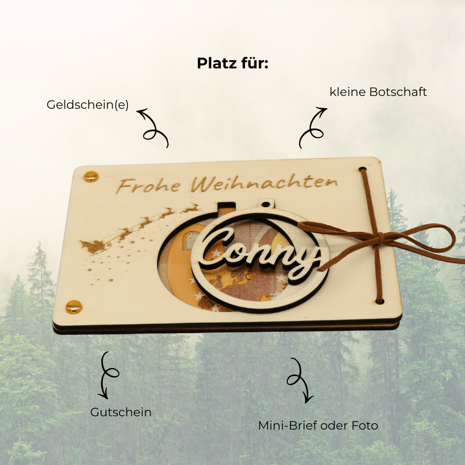 Personalisiertes Geldgeschenk zu Weihnachten – Holzkarte mit Weihnachtskugel