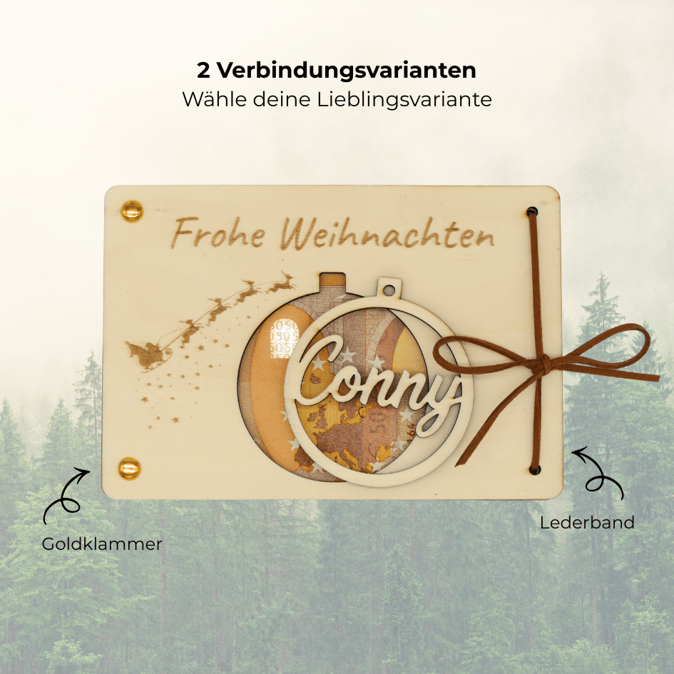 Personalisiertes Geldgeschenk zu Weihnachten – Holzkarte mit Weihnachtskugel