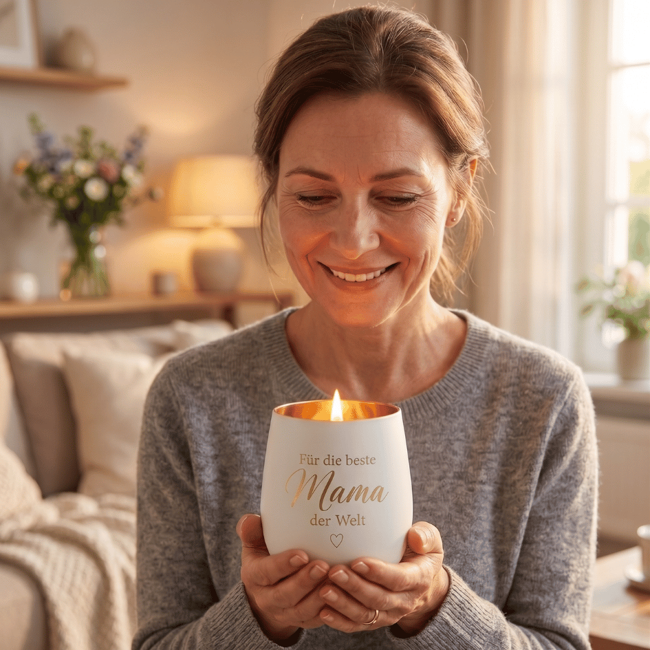 Personalisiertes Windlicht für Mama – „Für die beste Mama der Welt“ Weiß & Gold