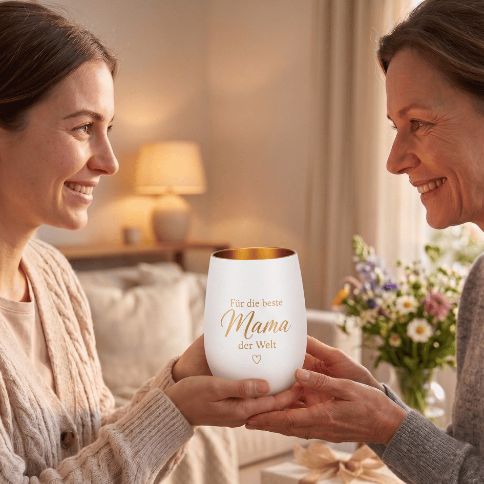 Personalisiertes Windlicht für Mama – „Für die beste Mama der Welt“ Weiß & Gold