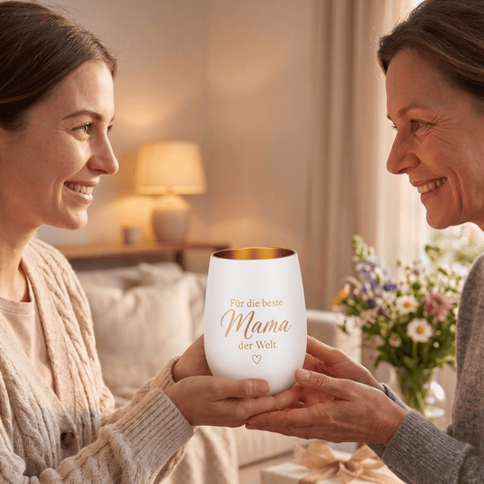 Personalisiertes Windlicht für Mama – „Für die beste Mama der Welt“ Weiß & Gold