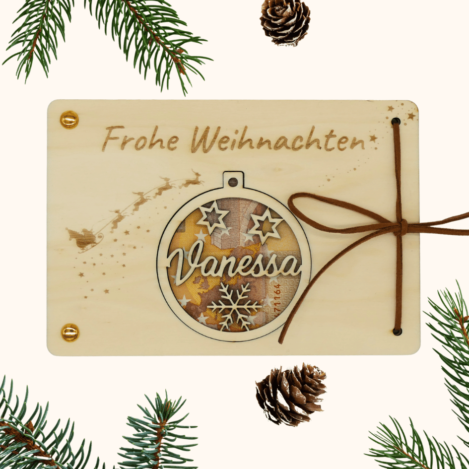 Personalisiertes Geldgeschenk zu Weihnachten – Holzkarte mit Weihnachtskugel