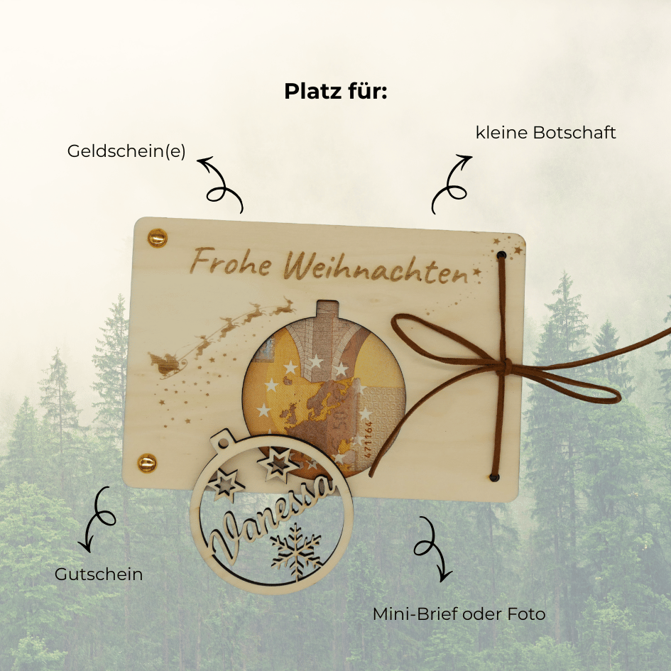 Personalisiertes Geldgeschenk zu Weihnachten – Holzkarte mit Weihnachtskugel