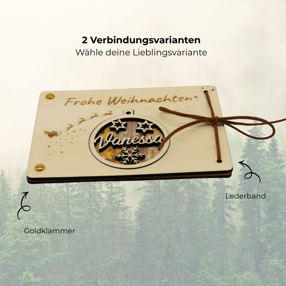 Personalisiertes Geldgeschenk zu Weihnachten – Holzkarte mit Weihnachtskugel