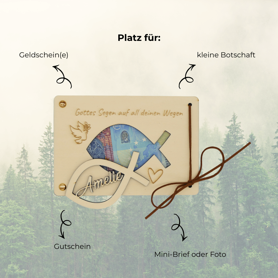 Personalisiertes Geldgeschenk aus Holz zur Taufe – Gottes Segen