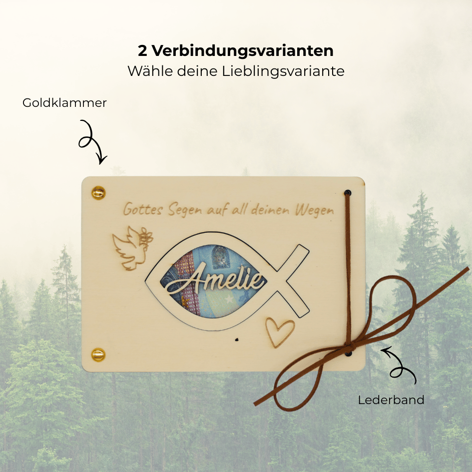 Personalisiertes Geldgeschenk aus Holz zur Taufe – Gottes Segen