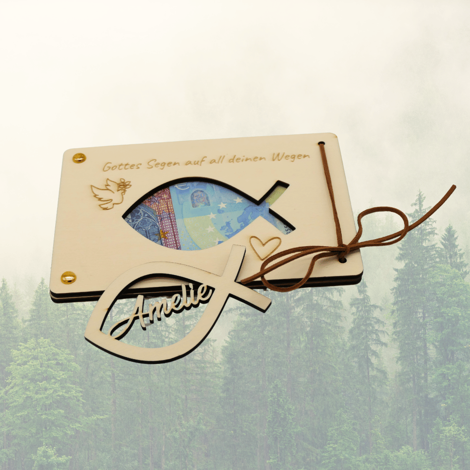 Personalisiertes Geldgeschenk aus Holz zur Taufe – Gottes Segen