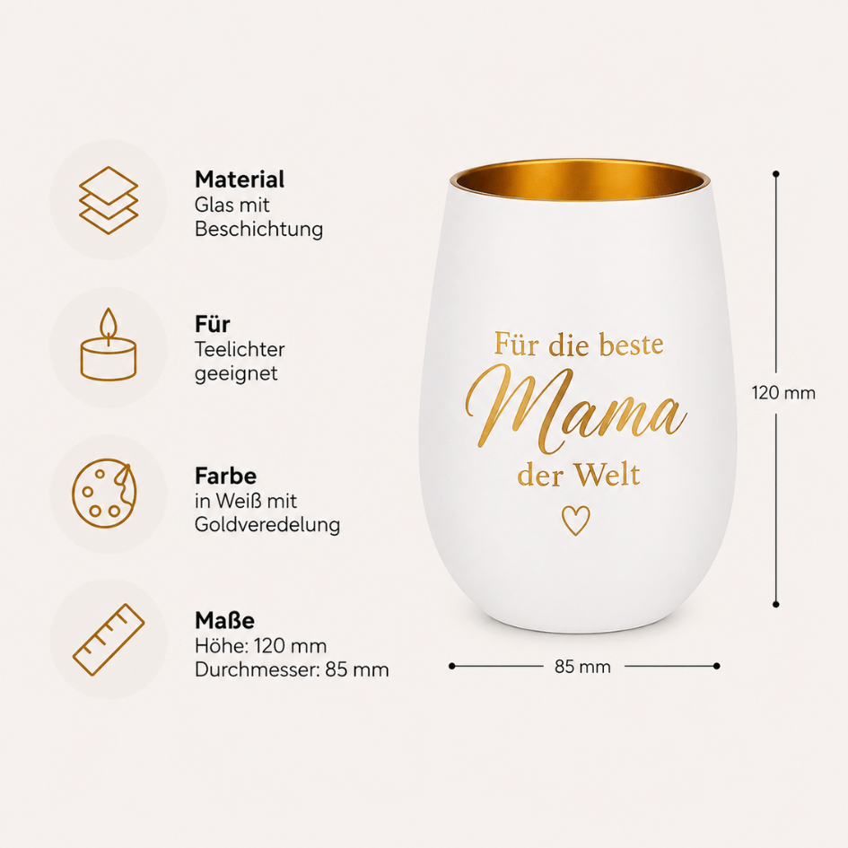Personalisiertes Windlicht für Mama – „Für die beste Mama der Welt“ Weiß & Gold