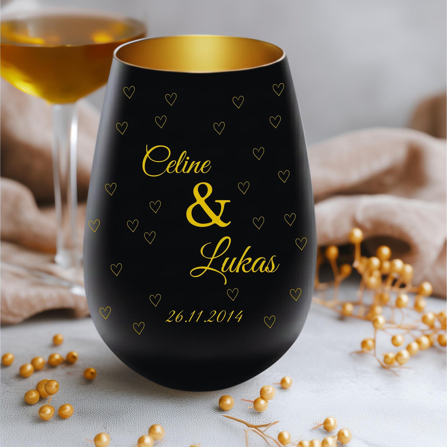 Personalisiertes Windlicht für Paare – Schwarz & Gold mit Namen & Jahrestag