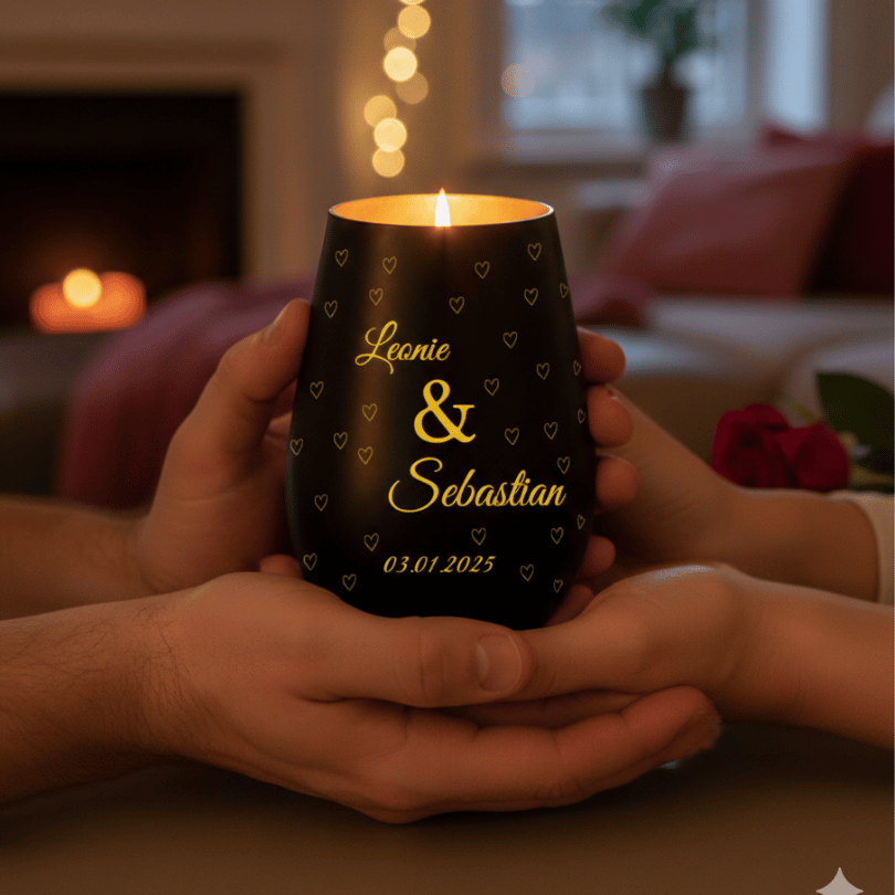 Personalisiertes Windlicht für Paare – Schwarz & Gold mit Namen & Jahrestag