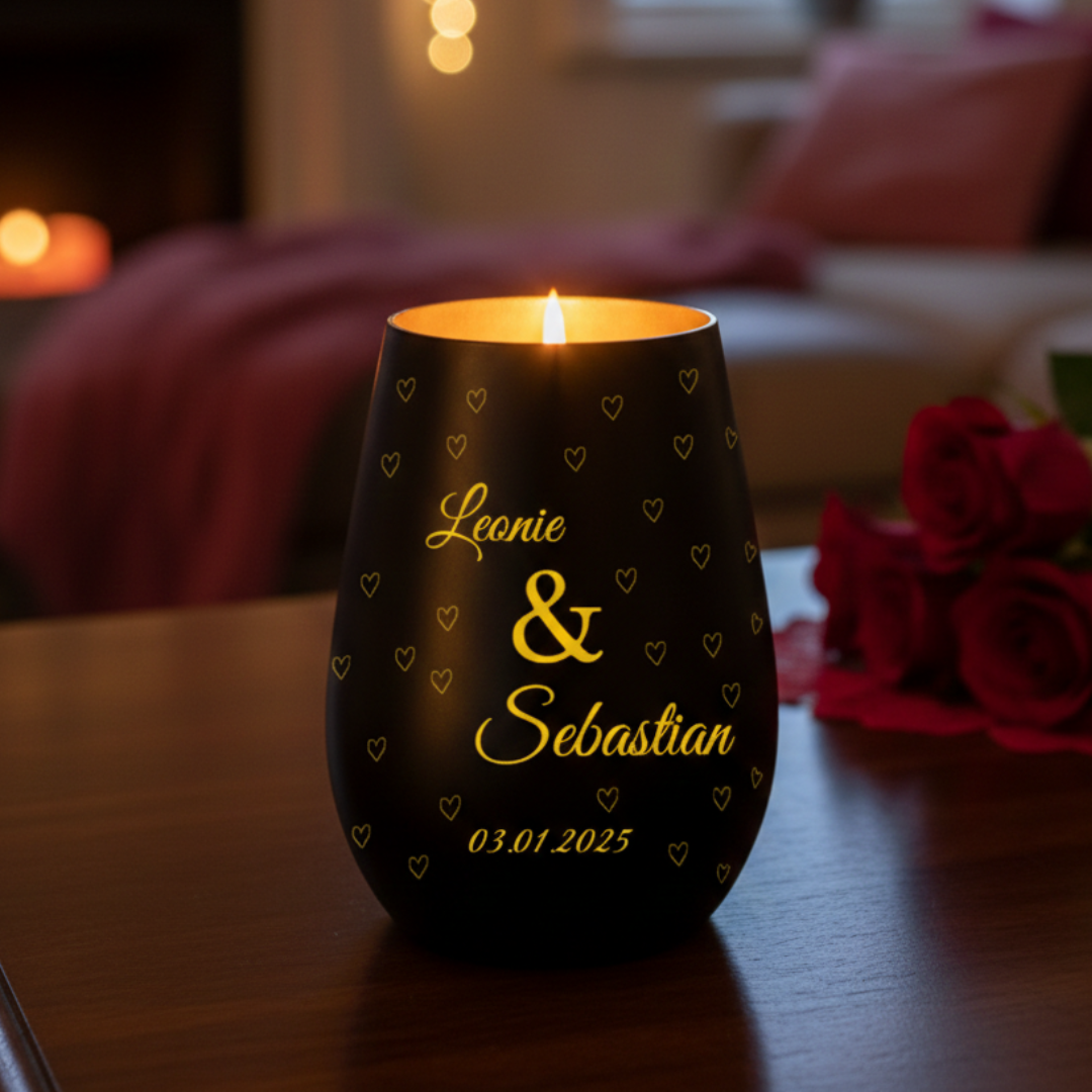 Personalisiertes Windlicht für Paare – Schwarz & Gold mit Namen & Jahrestag