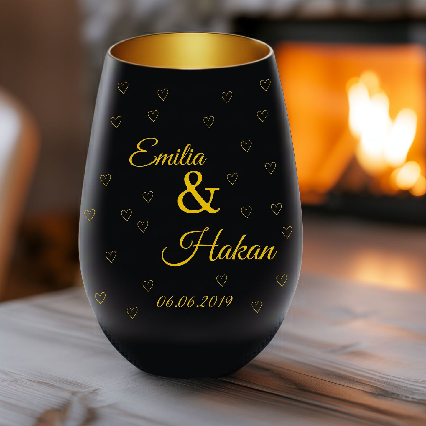 Personalisiertes Windlicht für Paare – Schwarz & Gold mit Namen & Jahrestag