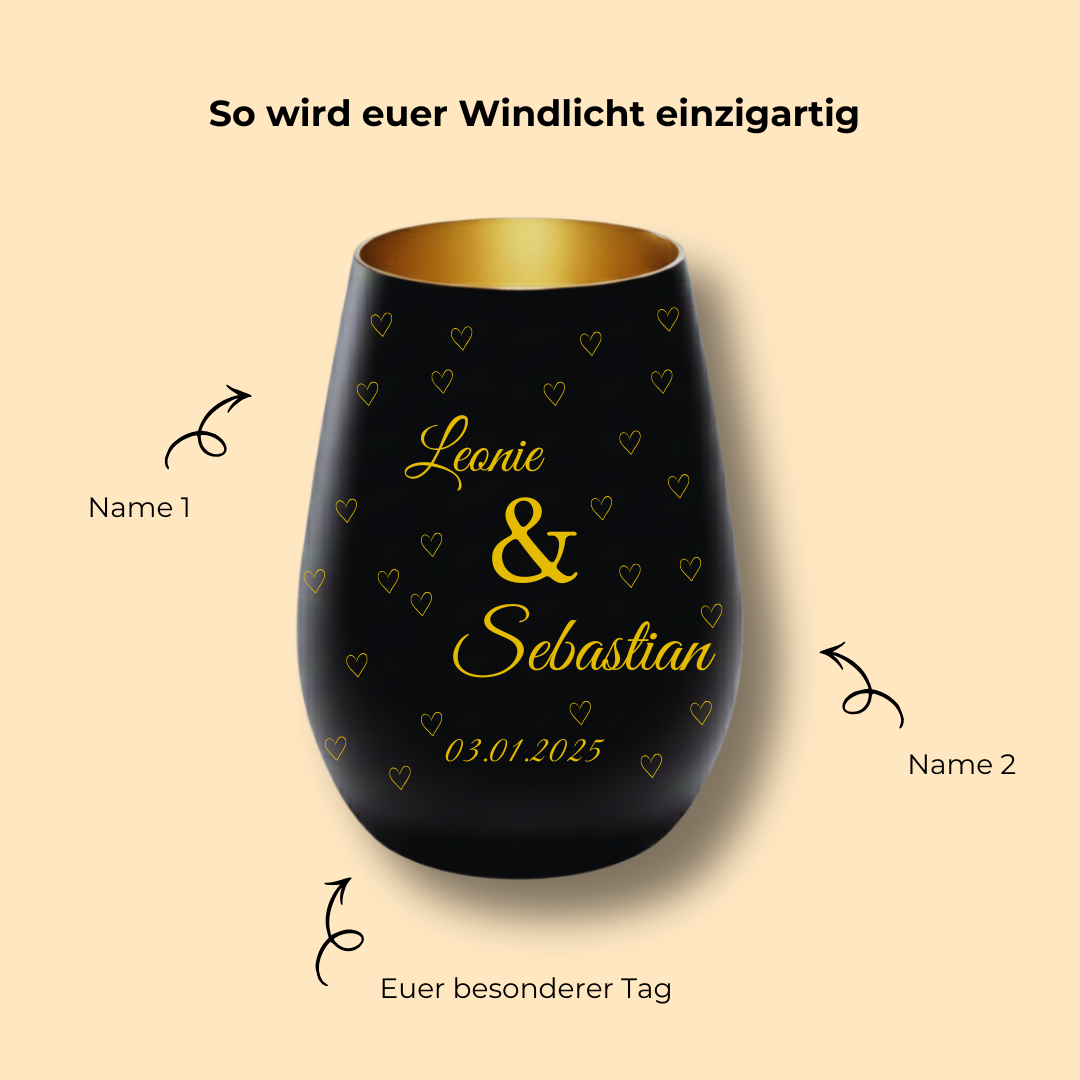 Personalisiertes Windlicht für Paare – Schwarz & Gold mit Namen & Jahrestag