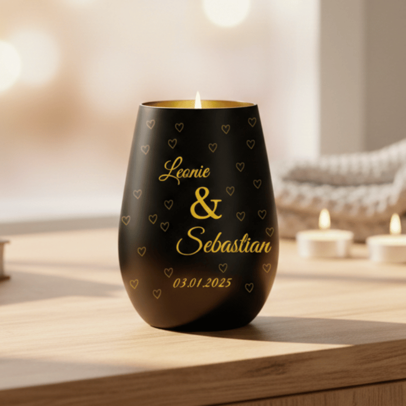 Personalisiertes Windlicht für Paare – Schwarz & Gold mit Namen & Jahrestag