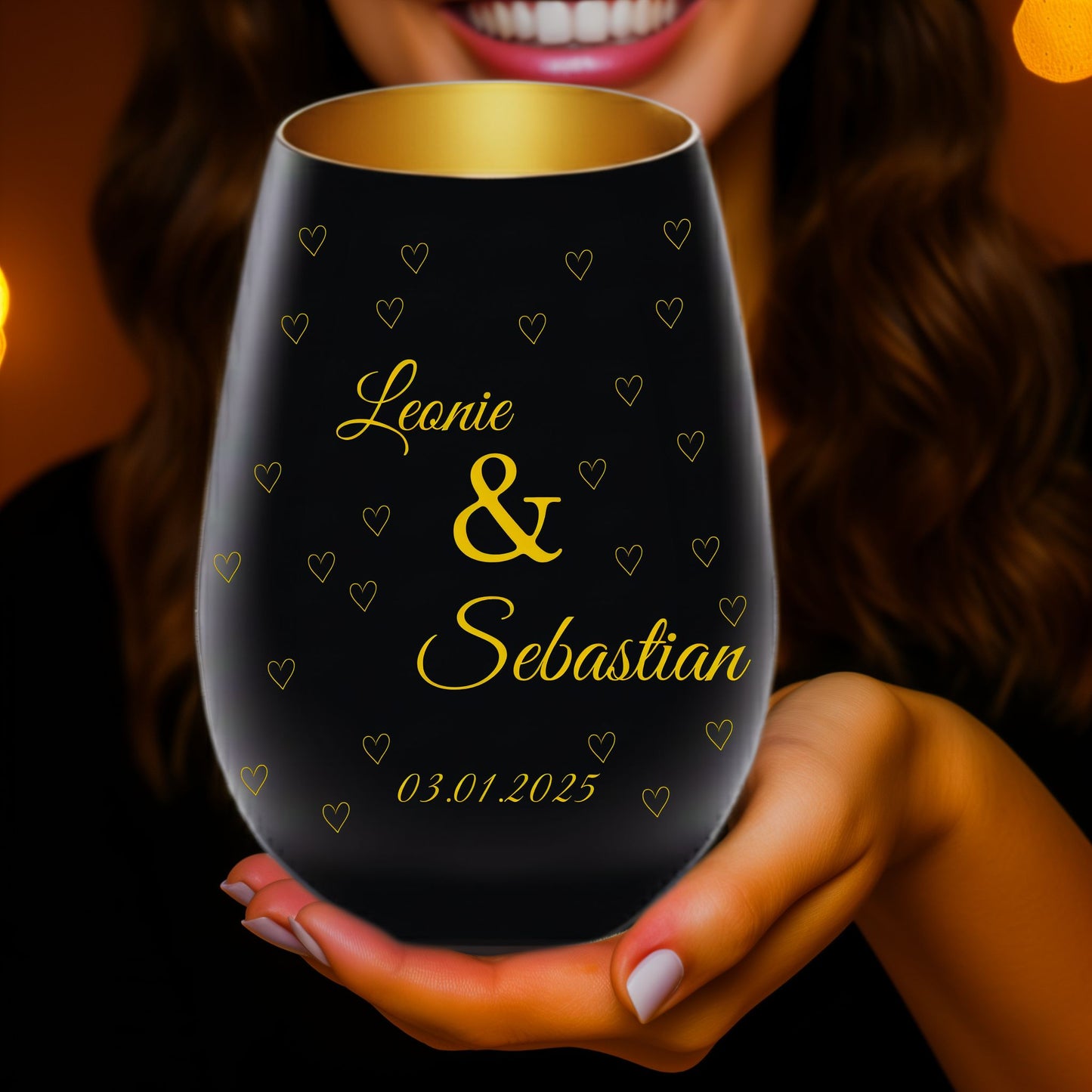 Personalisiertes Windlicht für Paare – Schwarz & Gold mit Namen & Jahrestag