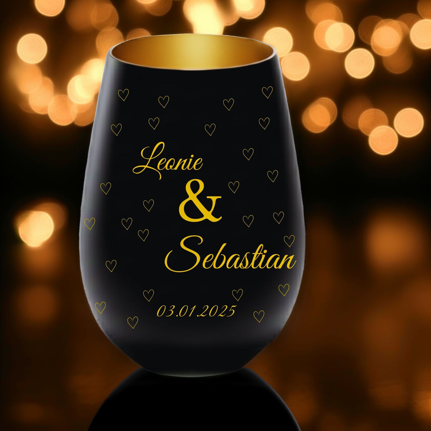 Personalisiertes Windlicht für Paare – Schwarz & Gold mit Namen & Jahrestag