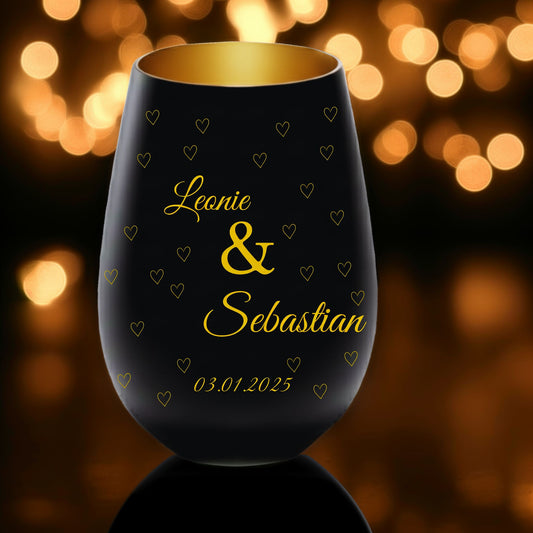 Personalisiertes Windlicht für Paare – Schwarz & Gold mit Namen & Jahrestag