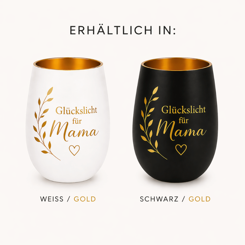 Personalisiertes Windlicht zum Muttertag – Glückslicht für Mama in Weiß & Gold