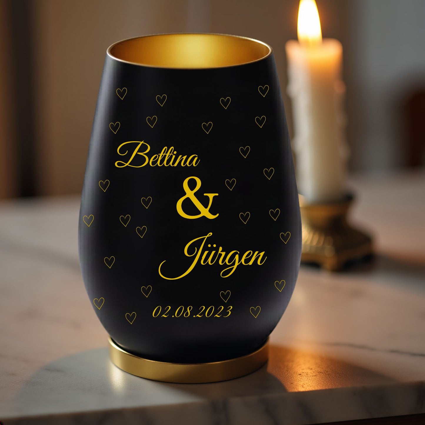 Personalisiertes Windlicht für Paare – Schwarz & Gold mit Namen & Jahrestag